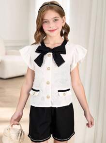 SHEIN Elegant Girls Flutter Sleeve Cardigan Sweater With Faux Pockets & Solid Color Shorts Set, Summer - Black - View 1