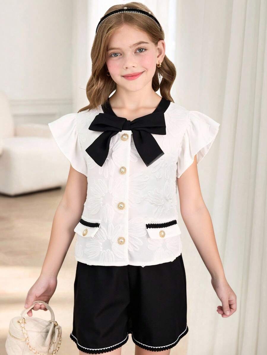 SHEIN Elegant Girls Flutter Sleeve Cardigan Sweater With Faux Pockets & Solid Color Shorts Set, Summer - Black - View 1