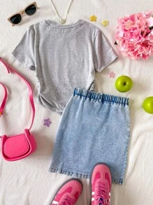 Tween-Mädchen 2-teiliges Set Lässig Street Rüschen Kurzarm Graues T-Shirt mit Schleife & Denim Minirock-Outfit - Verschiedenfarbig - Übersicht 2