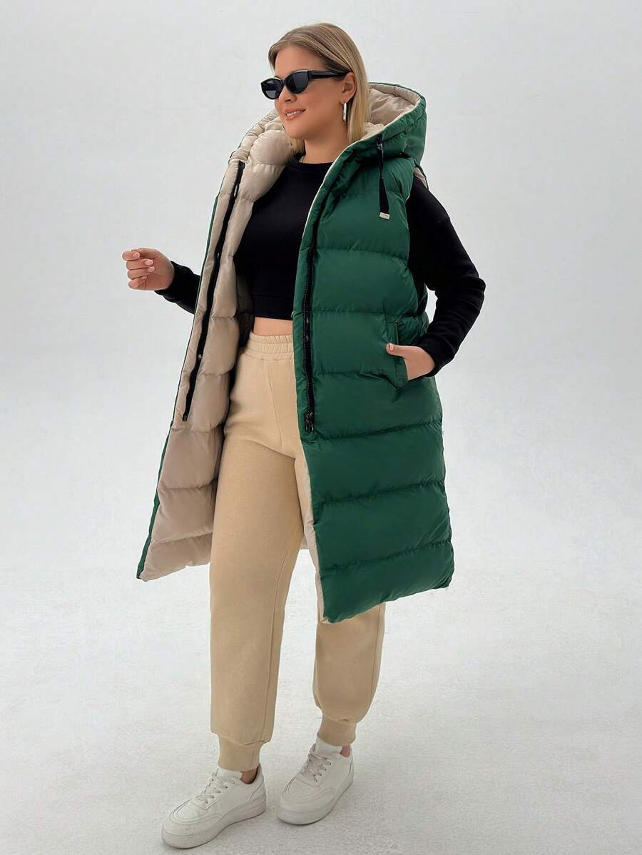 SHEIN Cottnline Plus Size Zip Up Drawstring Hooded Puffer Vest Coat - Green - View 1