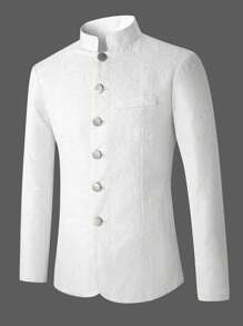 Manfinity Mode Men's Solid Color Front Button Slim Fit Long Sleeve Blazer - Beige - View 1