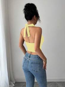 INAWLY Sexy Vacation Black Halter Tie Ruffled Neck Cropped Tank Top For Women - Yellow - View 2