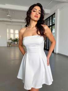 INAWLY Nuevo vestido de moda de unicolor con hombros descubiertos, para primavera/verano - Blanco - Ver 1