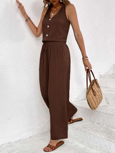 SHEIN Frenchy Set de 2 piezas de top de tirantes y pantalones en unicolor para mujer, ideal para vacaciones