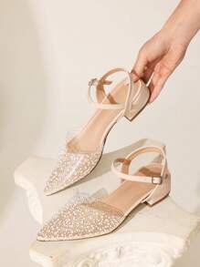 CUCCOO CHICEST Damen Neue Sommer Strass Spitze Quadratische Dicke Niedriger Absatz Elegante Mode Transparente Apricot PVC Kunstleder Flache Slip-On Sandalen, Geeignet für Nachmittagstee, Dates, Modepartys und Urlaub