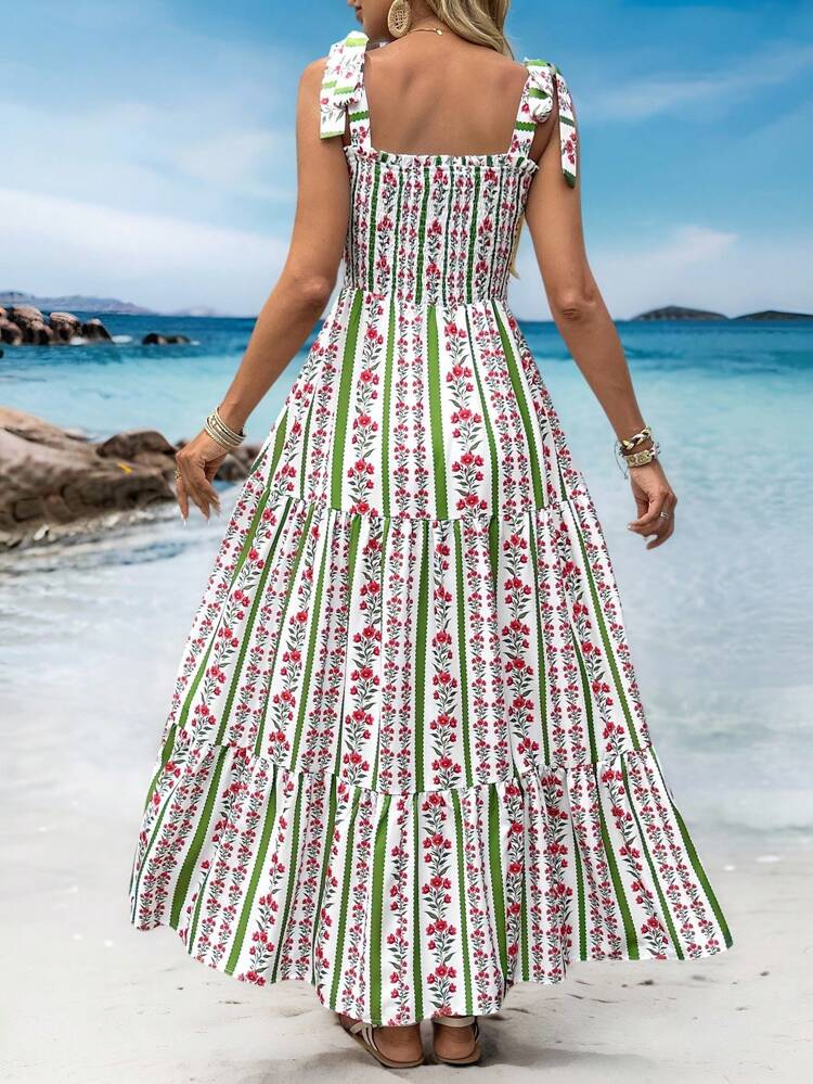 Women's Floral Print Ruffled Hem Spaghetti Strap Mid-Calf Vacation Dress