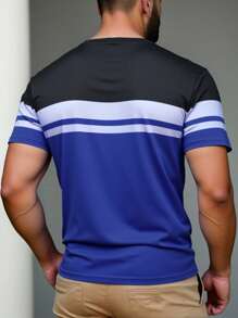 Manfinity Homme Áo thun tay ngắn in họa tiết sọc Colorblock cỡ lớn cho nam, mùa hè - Màu xanh lam - Xem 2