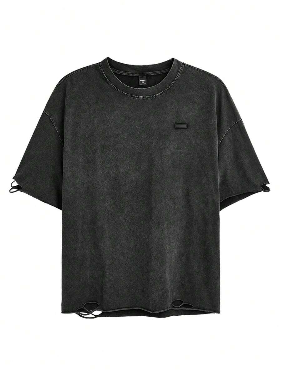 EASEVO T-shirt vintage ample en coton tricoté uni, décontracté et déchiré, à manches courtes, pour les sorties, l'été, le style emo, en grandes tailles pour hommes - Noir - Voir 1