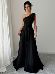 Modelyn French Retro Mori Style Ultra Chic Asymmetric Neckline Sleeveless Formal Black Dress - Black - View 3