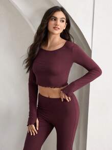 Ocili Ocili Leisure Women Ribbed Crew Neck Long Sleeve Ruffled Top & Flared Pants Casual Suit Set Outfit