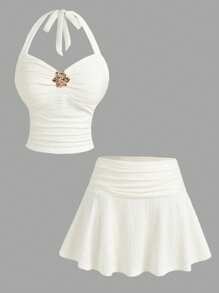 SHEIN MOD 度假系带V领花卉金属扣针织修身两件套女装，夏季服装，返校季服装，教师服装，西式女装，度假女装，假日女装，休闲套装，沙滩套装，沙滩女装，派对服装，海岛装 - 杏色 - 查看 5