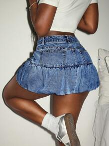 Slaydiva 休闲可爱派对女式牛仔蓬松迷你裙 - 深色水洗藍 - 查看 2