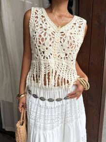 SHEIN EZwear New Women's Light Hand-Crocheted Cardigan, Apricot Color, Suitable For Seaside Vacation, Comfortable And Versatile Summer Fashion Items