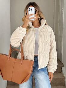 Easowa Zip Up Corduroy Padded Coat In Fall/Winter - Beige - View 4