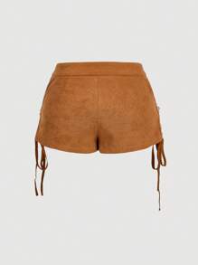 SHEIN MOD 复古魅力宫廷短裤，交叉系带细节，饰有铆钉，非常适合西部风、假日、Y2K 氛围和别致的下午茶约会 - 棕色 - 查看 2