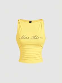 SHEIN MOD Top de tirantes ajustado de mujer en color amarillo con diseño de pliegues y diamantes de imitación - Amarillo - Ver 5