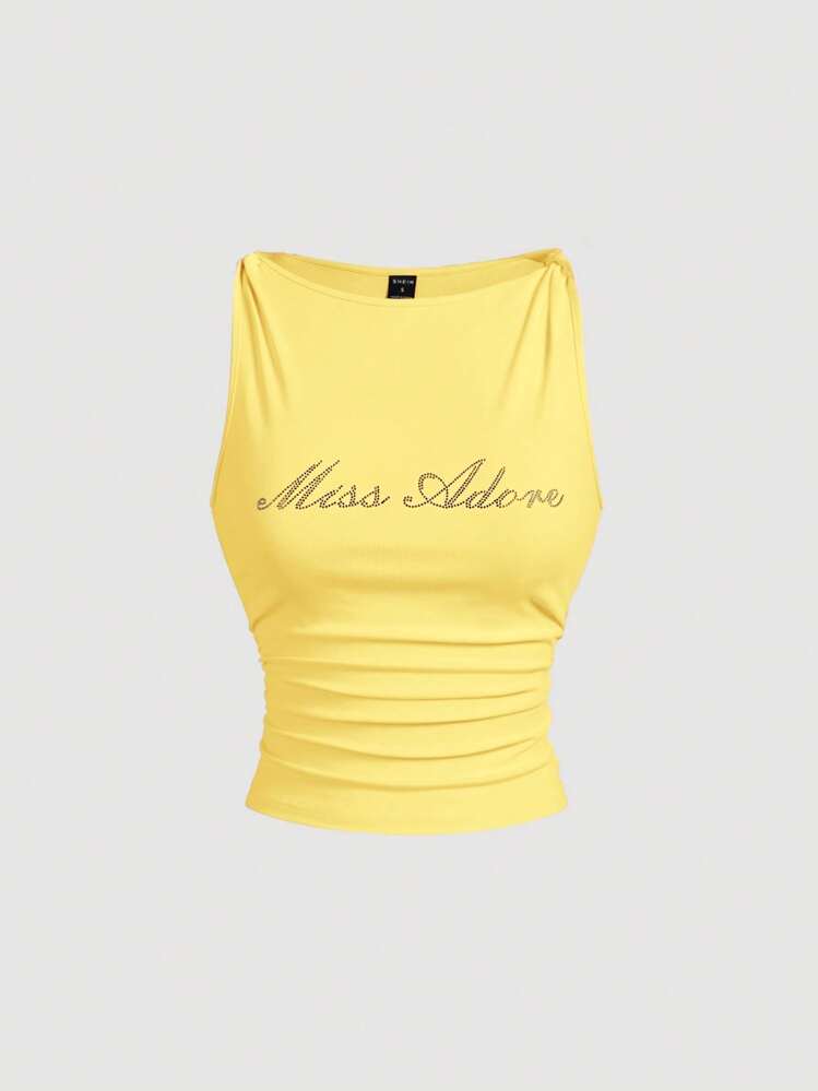 Shi❁⃘*.゜ SHEIN MOD Women's Rhinestone Twist Ruched Fitted Yellow Tank Top
