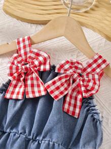 女婴蝴蝶装饰格子连体裤短裤 - 淺色水洗藍 - 查看 4