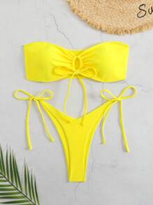 SHEIN Swim Basics 2pcs/Set Plain Color Knotted Bandeau Wireless Bikini Swimsuit Set For Summer Beach Vacation - Yellow - View 5