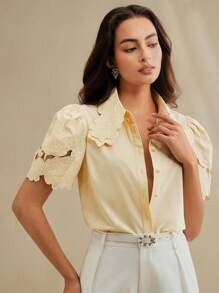 Anewsta 女士花卉蕾丝镂空刺绣优雅衬衫上衣，现代办公室通勤装，夏季 - 黃色 - 查看 5