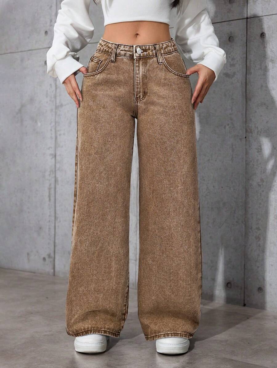 SHEIN PETITE 女式口袋设计宽腿宽松休闲百搭牛仔裤