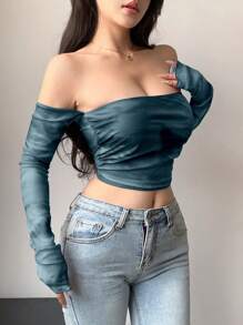 DAZY Áo thun nữ tay dài hở vai lưới nhuộm loang màu thời trang mùa hè - Xám - Xem 4
