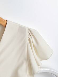 Franclia 女士夏季纯色荷叶边短袖单扣优雅衬衫 - 杏色 - 查看 3