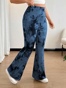 SHEIN MOOSTA High Stretch Tie-Dye Flare Leg Ruched Bottom Full Length Leggings Fall Cloth For Women