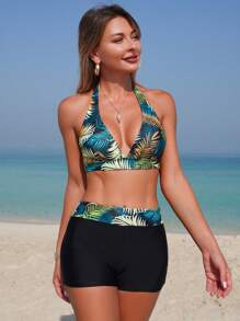 Swim Lushoire Women Botanical Print Halter Neck Bandeau Bikini Set For Summer Beach Vacation - Multicolor - View 3
