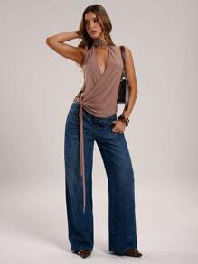 SHEIN BAE 女士性感纯色裹身露背吊带上衣，夏季 - 棕色 - 查看 6