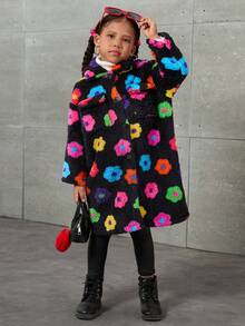 SHEIN Young Girl Knit Floral Pattern Cropped Fluffy Cardigan,In Fall/Winter - Black - View 6