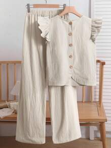 SHEIN 2 件套青少年女孩休闲百搭基本通勤舒适荷叶边纽扣梭织纯色圆领衬衫和宽松梭织裤，杏色，适合休闲、运动、度假、郊游、派对、购物、上学、返校 - 杏色 - 查看 1