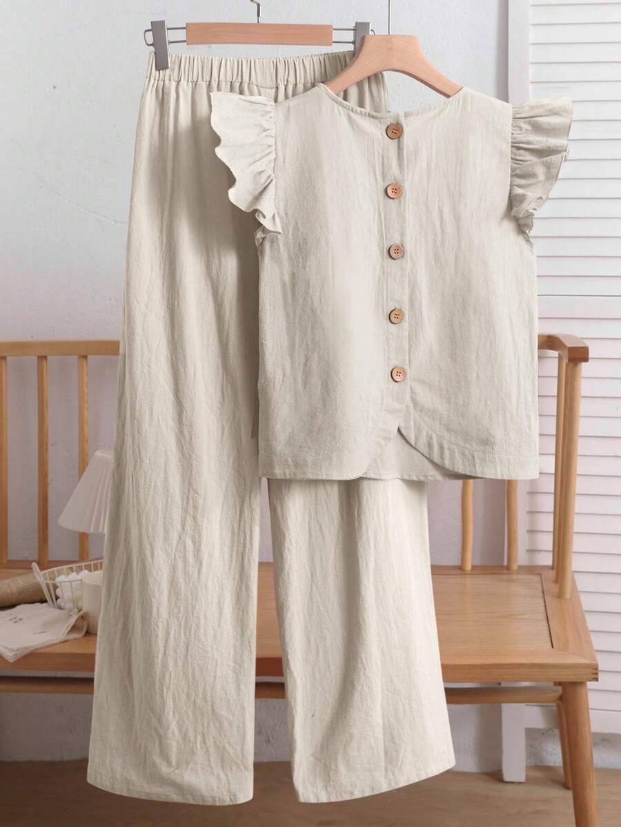 SHEIN 2 件套青少年女孩休闲百搭基本通勤舒适荷叶边纽扣梭织纯色圆领衬衫和宽松梭织裤，杏色，适合休闲、运动、度假、郊游、派对、购物、上学、返校 - 杏色 - 查看 1