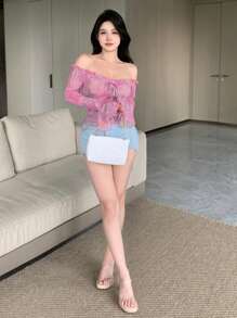 DAZY 女士碎花薄纱露肩长袖上衣，情人节度假风露肩上衣 - 玫紅色 - 查看 6