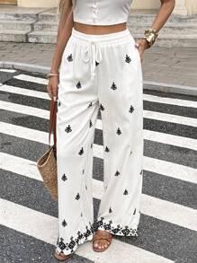 SHEIN Frenchy Pantalones casuales de mujer con cordón, estampado retro de hojas y formas geométricas