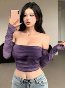 DAZY 扎染透明网眼短款露肩长袖女式上衣外出上衣节日夏季 - 紫色 - 查看 4