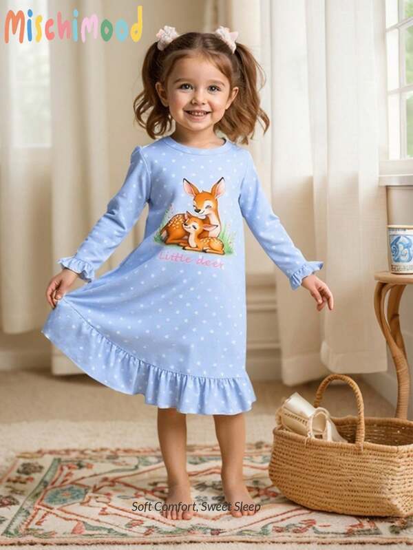 Girls Soft Comfy Blue Backgound Cute Deer Print Long Sleeve Ruffle Hem Nightgown/Dress, Suitable For Summer Kids Nightgown Children Night Dress Young Girls Pajamas Nightdress Bunny Dress Girls Easter Clothing For Kids