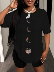 Zolique Loose Fit Oversized Basic Drop Shoulder T-Shirt Graphic Tees Women Tops - Black - View 1