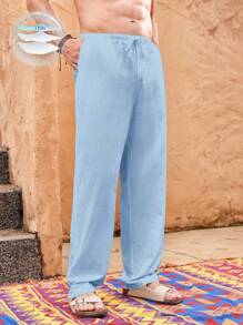 Manfinity VCAY 男士轻盈亚麻休闲沙滩裤，修身夏季度假沙滩装 - 霧霾藍 - 查看 1