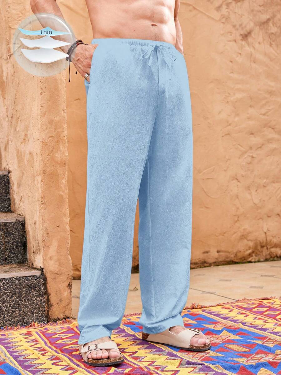 Manfinity VCAY 男士轻盈亚麻休闲沙滩裤，修身夏季度假沙滩装 - 霧霾藍 - 查看 1