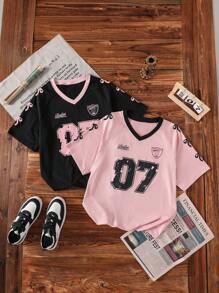 Set de 2 camisetas para adolescentes, camiseta suelta con estampado de números y letras, adecuada para deportes, actividades al aire libre, uso casual, esencial de verano
