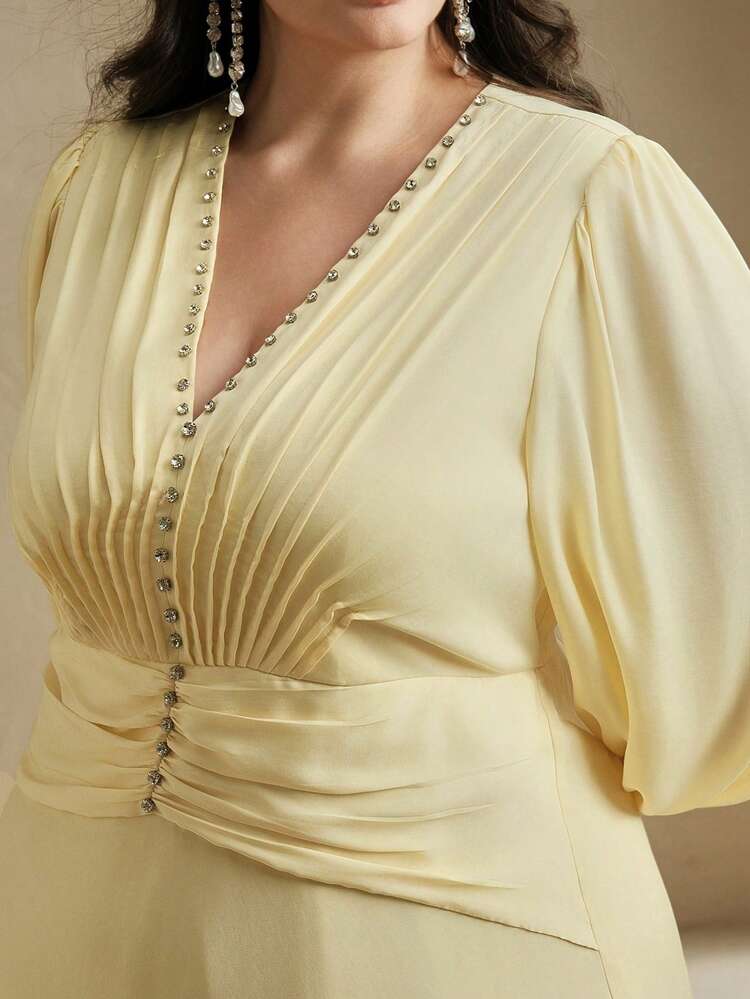 Elegant V-Neck Ruched Waist Pleated Dress, Flattering Fit, Suitable For Birthday, Wedding Guest
