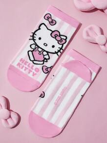 HELLO KITTY AND FRIENDS | SHEIN 4 双可爱猫咪图案柔软透气吸湿排汗女士短袜，加固脚趾和脚跟，适合所有季节，粉色和白色 - 粉色 - 查看 9