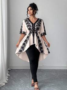Elenzga Bộ đồ vest nữ cỡ lớn cổ chữ V tay ngắn cài nút phía trước in họa tiết & quần cạp cao co giãn, thanh lịch và chuyên nghiệp, mùa xuân/hè - màu đen - Xem 3