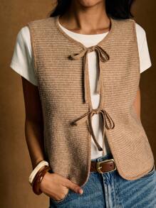 Poéselle Women's Solid Color Knot Round Neck Sleeveless Knit Cardigan, Summer Fashion, Knit Top Women, Tie Tops Summer Tops, Knit Vest, 70s Tops In Fall/Winter - Coffee Brown - View 6