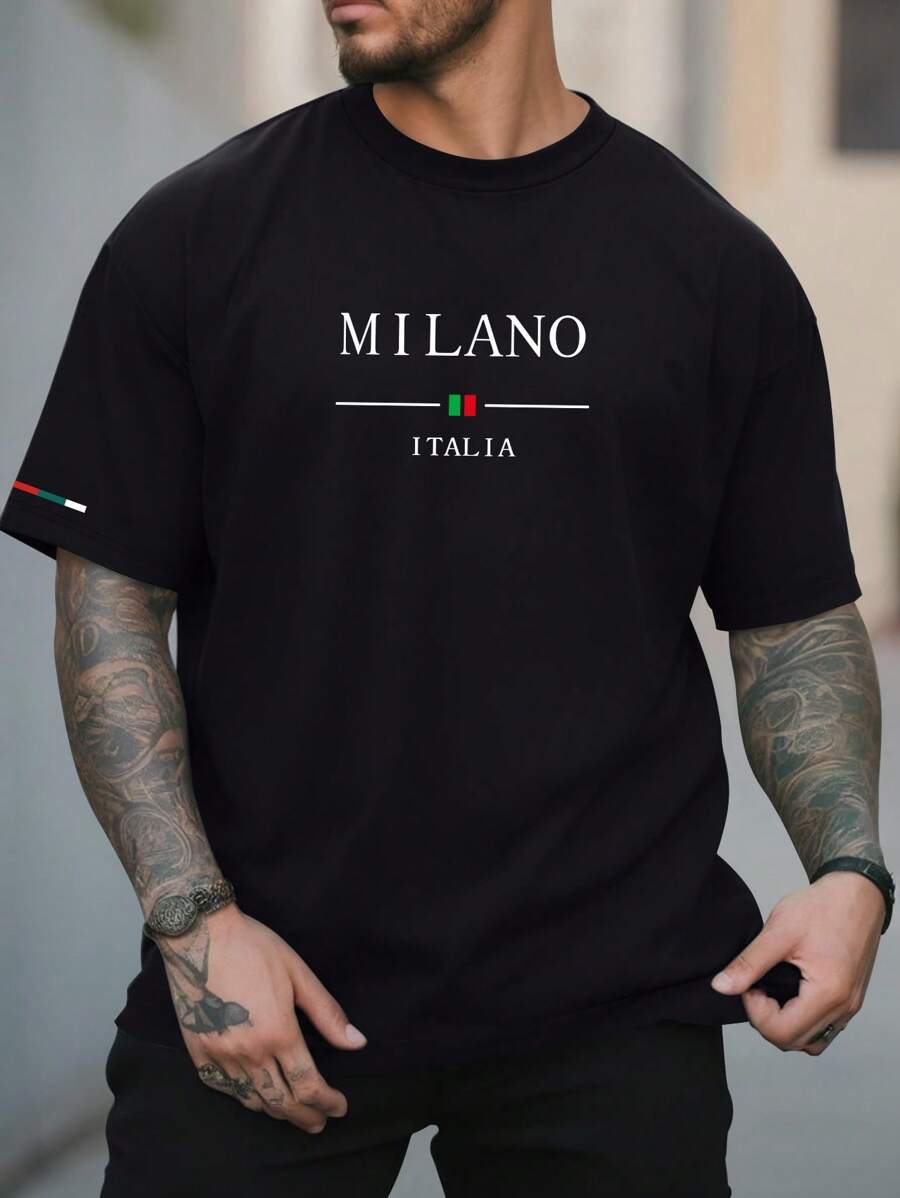 Manfinity Homme Áo thun nam cổ tròn tay ngắn in chữ, thích hợp mặc thường ngày vào mùa hè - màu đen - Xem 1