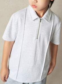 SHEIN 儿童男童休闲纯色翻领半拉链 Polo 衫，百搭，适合春、夏、秋、冬上学、花园、海滩、生日 - 白色 - 查看 2