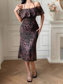 DAZY Vestido ajustado con volantes en el bajo, con estampado de leopardo, para primavera/verano - Marrón - Ver 2