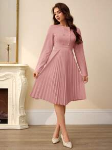 Aveloria Rosie 复古别致通勤时尚法式休闲优雅金属扣无领拼接褶边下摆女士连衣裙女士优雅连衣裙