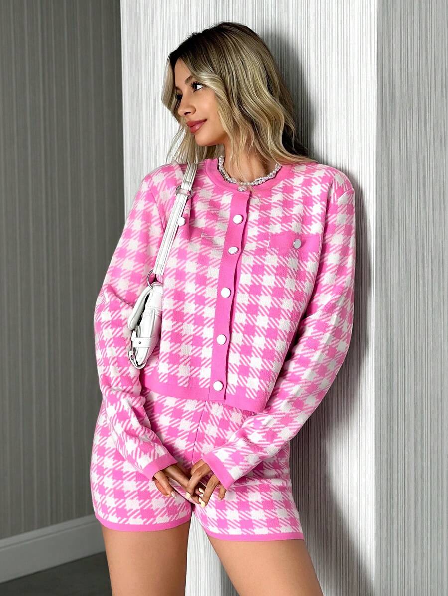Pink Checkered Knit Cardigan And Short Knit Two Pieces Set Fleece - Pink - View 1